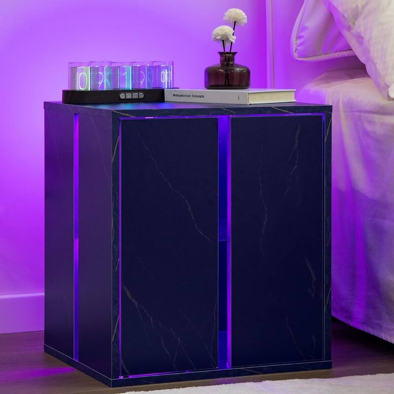 Bedside Table with LED Lights, Wooden Nightstand with Glass Shelf 17.
